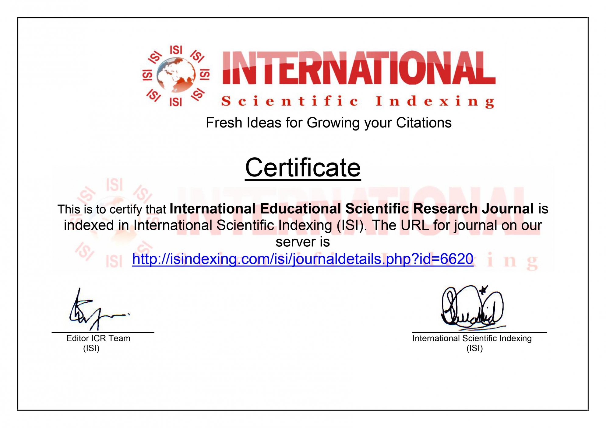 International Scientific Indexing (ISI)